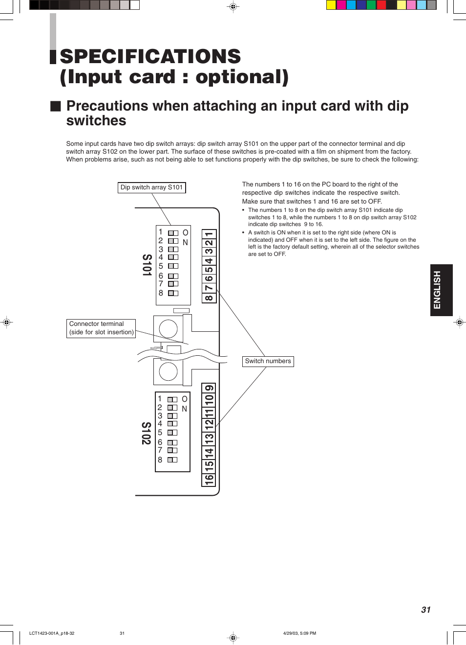Specifications (input card : optional) | JVC DT-V1910CG User Manual | Page 65 / 228