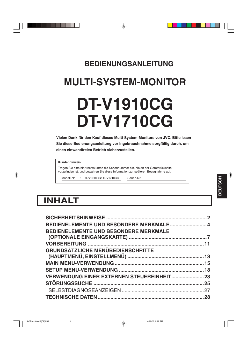 Bedienungsanleitung, Inhalt, Multi-system-monitor | JVC DT-V1910CG User Manual | Page 67 / 228