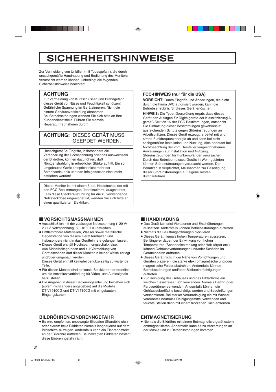 Sicherheitshinweise, Achtung, Achtung: dieses gerät muss geerdet werden | JVC DT-V1910CG User Manual | Page 68 / 228