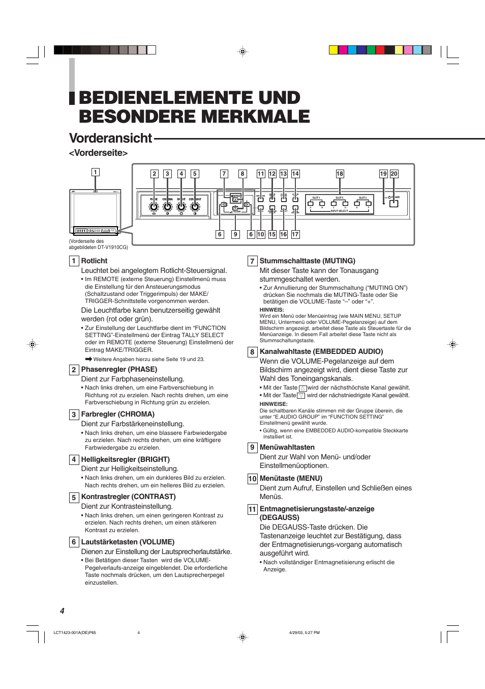 Bedienelemente und besondere merkmale, Vorderansicht, Vorderseite | JVC DT-V1910CG User Manual | Page 70 / 228