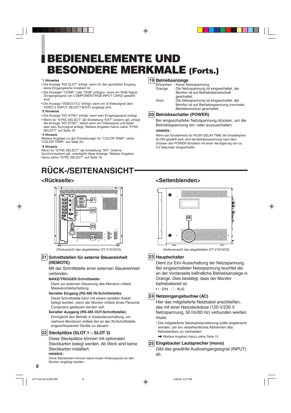 Bedienelemente und besondere merkmale, Rück-/seitenansicht, Forts.) | Rückseite, Seitenblenden | JVC DT-V1910CG User Manual | Page 72 / 228