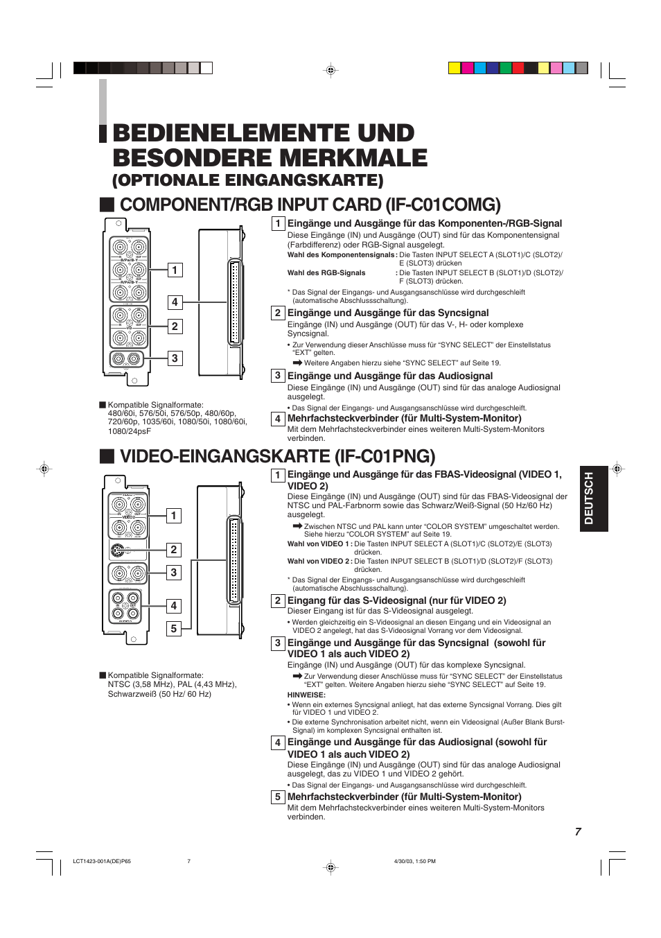 Bedienelemente und besondere merkmale, Component/rgb input card (if-c01comg), Video-eingangskarte (if-c01png) | Optionale eingangskarte), Deutsch, Eingänge und ausgänge für das syncsignal, Eingänge und ausgänge für das audiosignal, Mehrfachsteckverbinder (für multi-system-monitor), Eingang für das s-videosignal (nur für video 2) | JVC DT-V1910CG User Manual | Page 73 / 228