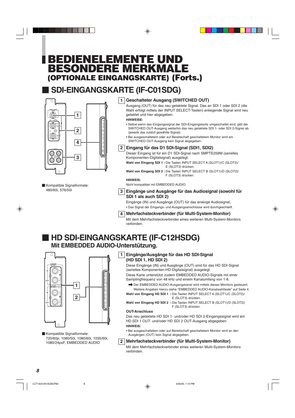 Bedienelemente und besondere merkmale, Forts.) Ⅵ hd sdi-eingangskarte (if-c12hsdg), Sdi-eingangskarte (if-c01sdg) | Optionale eingangskarte), Mit embedded audio-unterstützung | JVC DT-V1910CG User Manual | Page 74 / 228