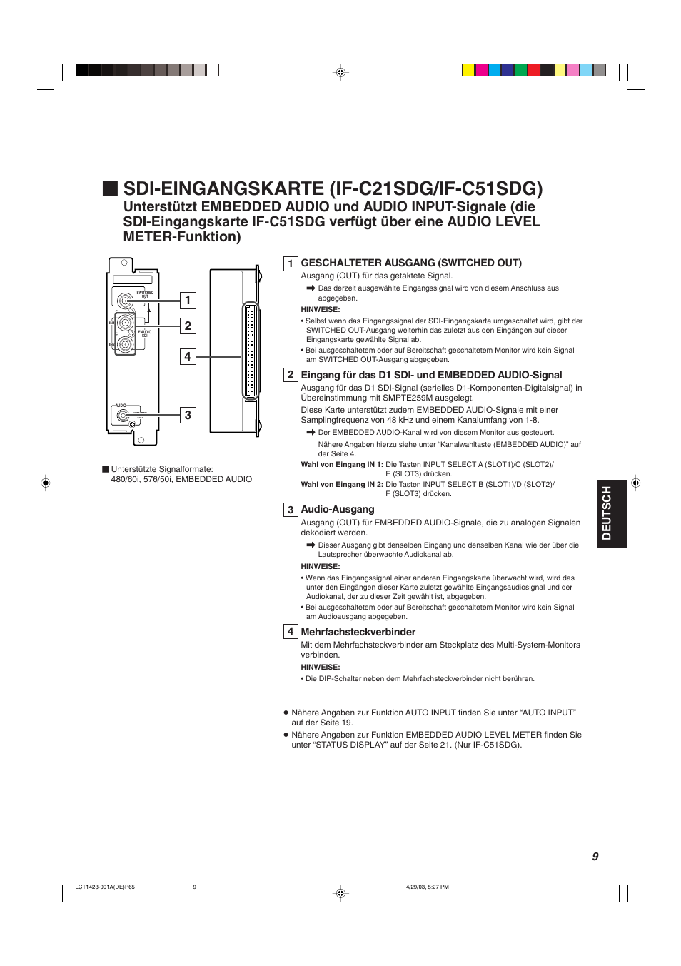 Sdi-eingangskarte (if-c21sdg/if-c51sdg), Deutsch | JVC DT-V1910CG User Manual | Page 75 / 228