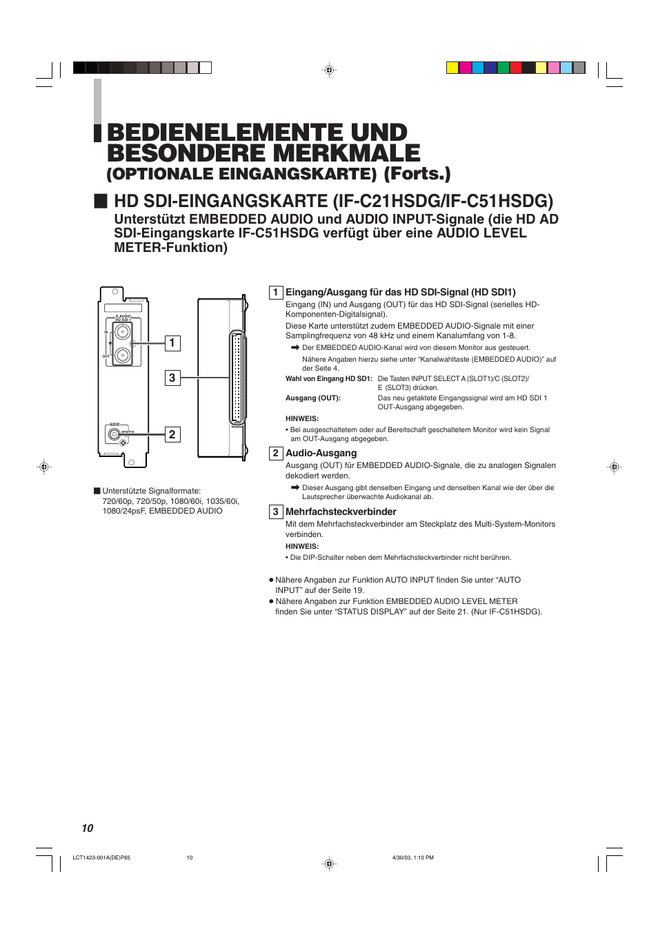 Bedienelemente und besondere merkmale, Hd sdi-eingangskarte (if-c21hsdg/if-c51hsdg), Forts.) | Optionale eingangskarte) | JVC DT-V1910CG User Manual | Page 76 / 228