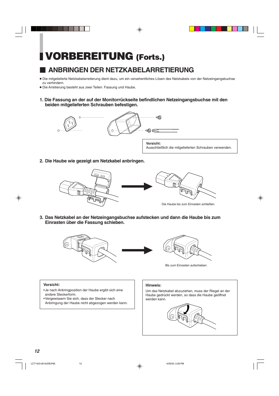 Vorbereitung, Forts.), Anbringen der netzkabelarretierung | JVC DT-V1910CG User Manual | Page 78 / 228