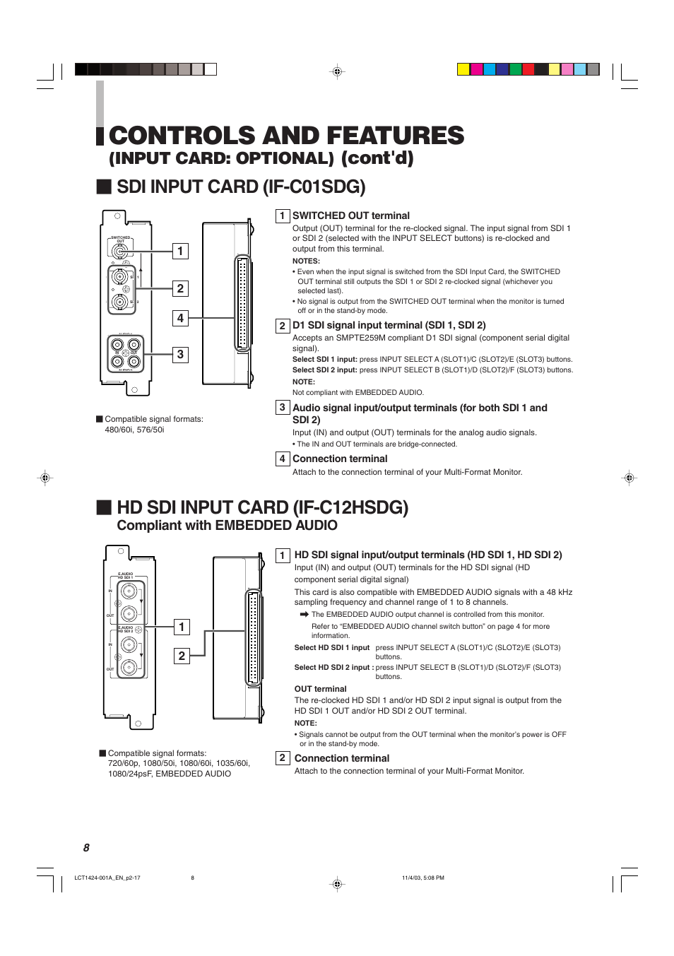 Controls and features, Hd sdi input card (if-c12hsdg), Cont'd) Ⅵ sdi input card (if-c01sdg) | Input card: optional), Compliant with embedded audio | JVC DT-V1910CG User Manual | Page 8 / 228