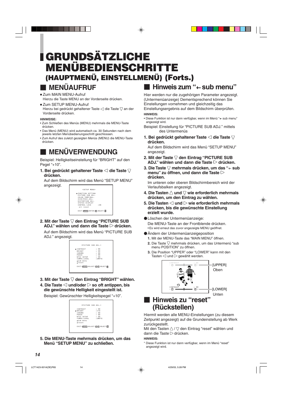 Grundsätzliche menübedienschritte, Forts.), Menüaufruf | Menüverwendung, Hinweis zum “ sub menu, Hinweis zu “reset” (rückstellen), Hauptmenü, einstellmenü) | JVC DT-V1910CG User Manual | Page 80 / 228