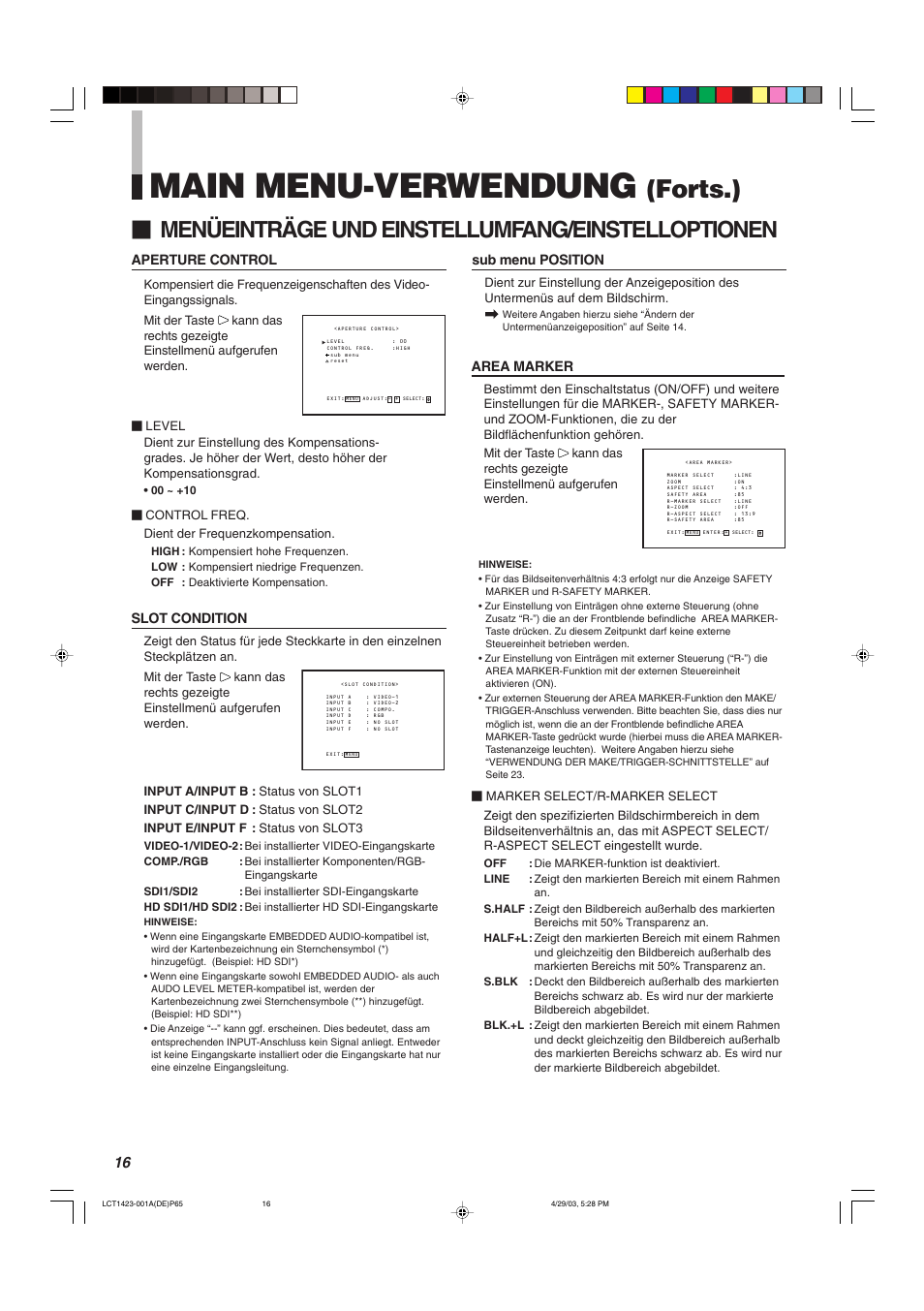 Main menu-verwendung, Forts.), Menüeinträge und einstellumfang/einstelloptionen | Area marker, Aperture control, Slot condition, Sub menu position | JVC DT-V1910CG User Manual | Page 82 / 228