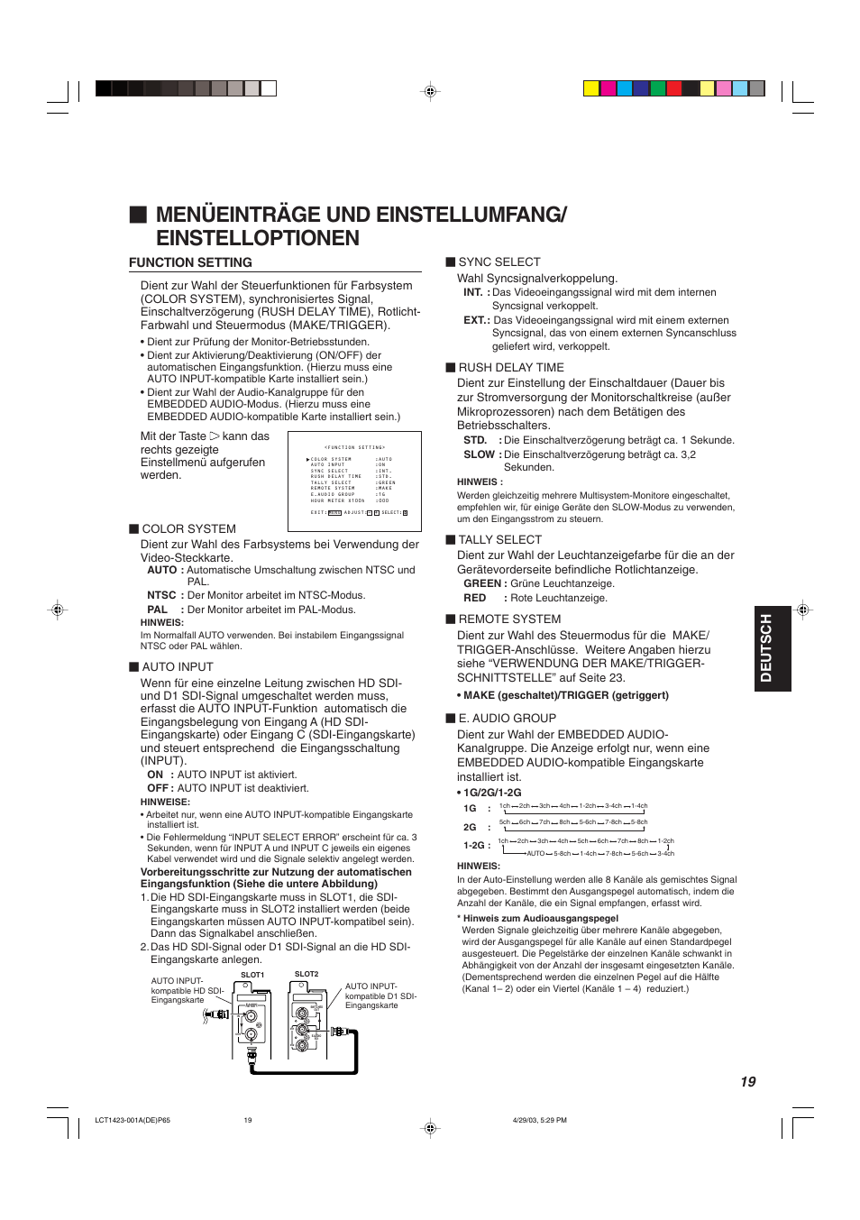 Menüeinträge und einstellumfang/ einstelloptionen, Deutsch, Function setting | Sync select wahl syncsignalverkoppelung | JVC DT-V1910CG User Manual | Page 85 / 228