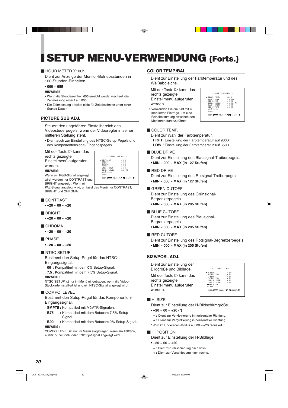 Setup menu-verwendung, Forts.) | JVC DT-V1910CG User Manual | Page 86 / 228