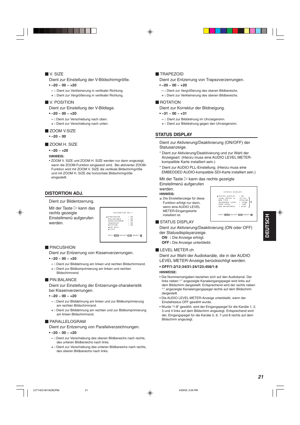 Deutsch, Distortion adj, Status display | JVC DT-V1910CG User Manual | Page 87 / 228