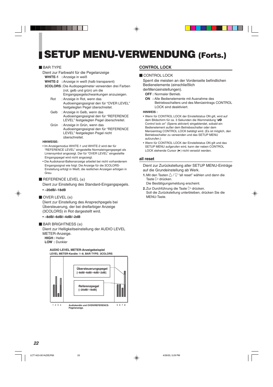 Setup menu-verwendung, Forts.) | JVC DT-V1910CG User Manual | Page 88 / 228