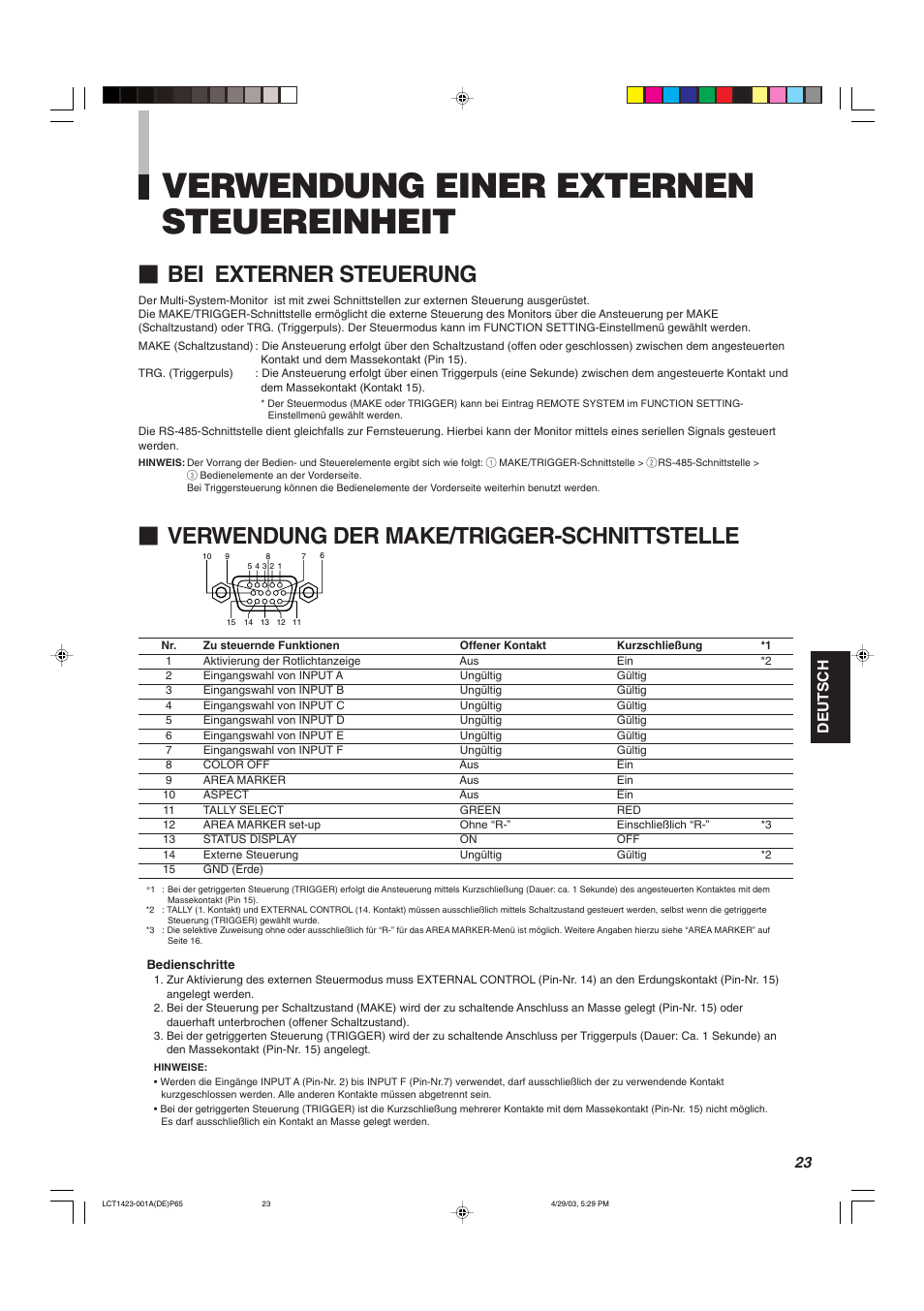 Verwendung einer externen steuereinheit, Bei externer steuerung, Verwendung der make/trigger-schnittstelle | Deutsch | JVC DT-V1910CG User Manual | Page 89 / 228