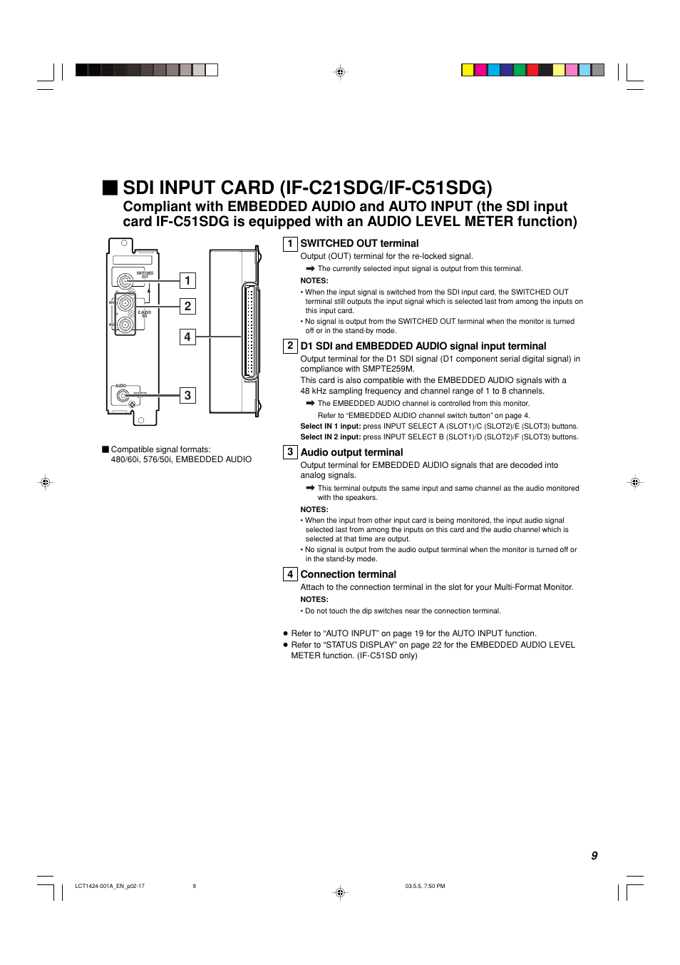 Sdi input card (if-c21sdg/if-c51sdg) | JVC DT-V1910CG User Manual | Page 9 / 228