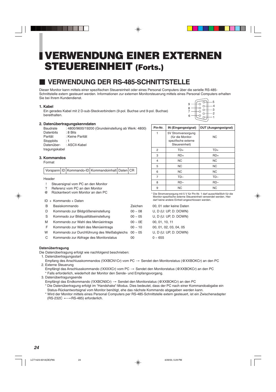 Verwendung einer externen steuereinheit, Forts.), Verwendung der rs-485-schnittstelle | JVC DT-V1910CG User Manual | Page 90 / 228