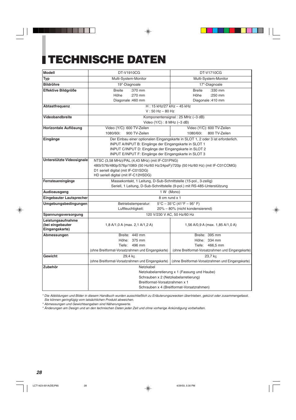 Technische daten | JVC DT-V1910CG User Manual | Page 94 / 228