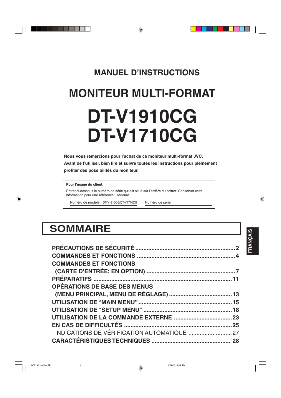 Manuel d’instructions, Sommaire, Moniteur multi-format | JVC DT-V1910CG User Manual | Page 99 / 228