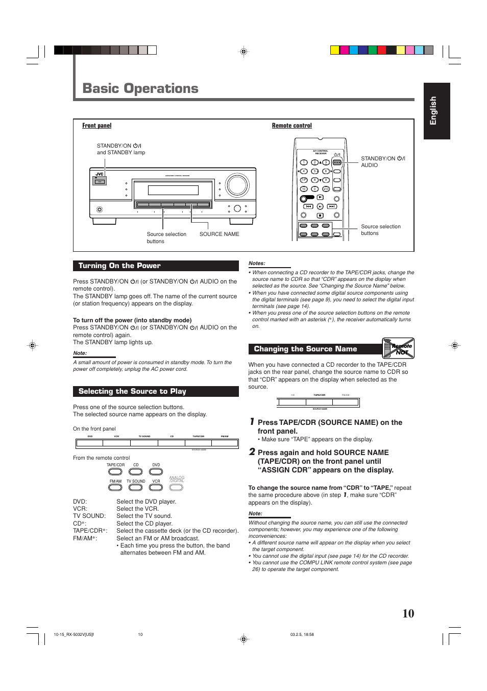 Basic operations, English, Turning on the power | Selecting the source to play, Changing the source name, Press tape/cdr (source name) on the front panel, Front panel remote control | JVC RX-5032VSL User Manual | Page 13 / 38