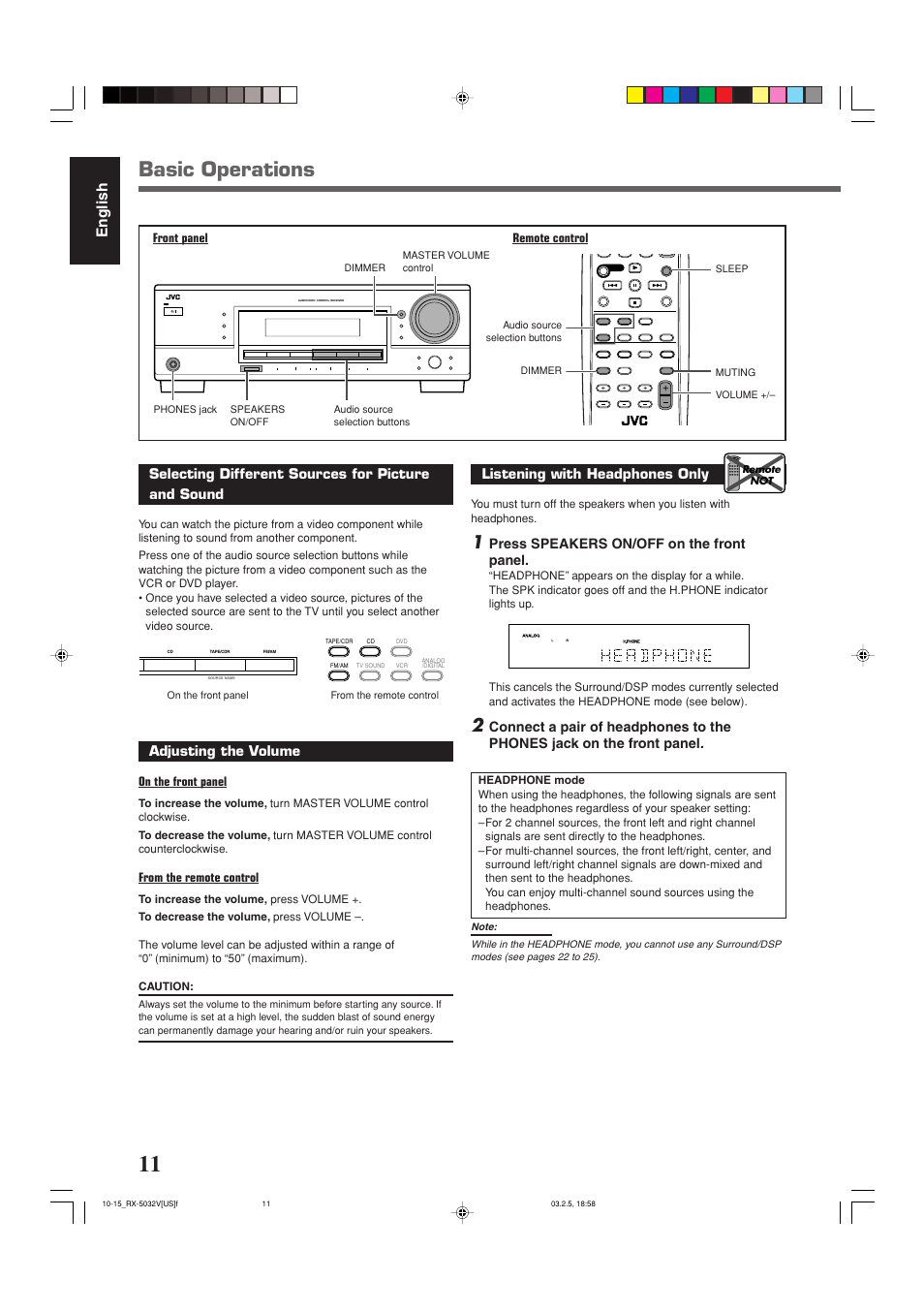 Basic operations, English, Selecting different sources for picture and sound | Adjusting the volume, Listening with headphones only, Press speakers on/off on the front panel | JVC RX-5032VSL User Manual | Page 14 / 38