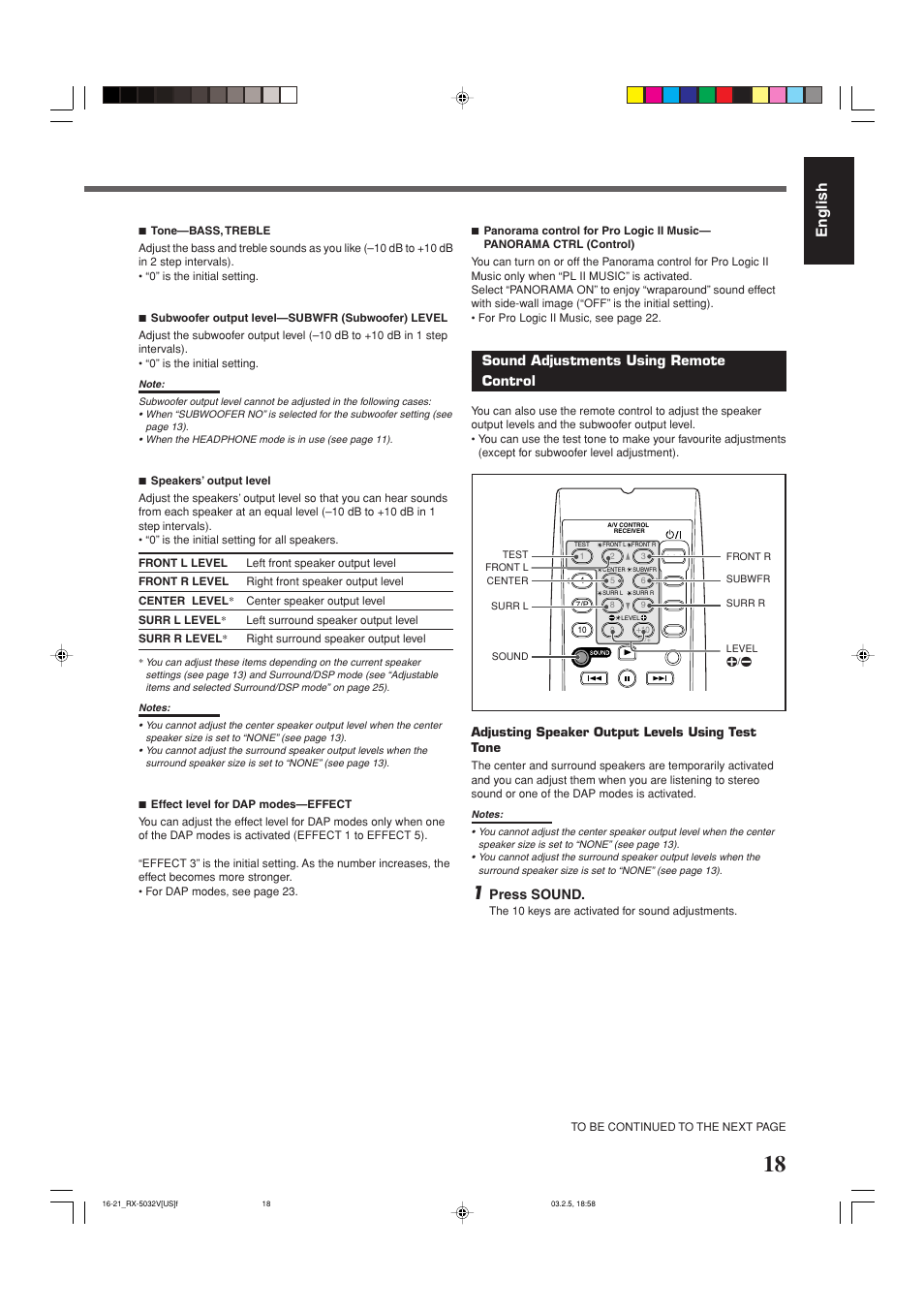 Sound adjustments, English, Sound adjustments using remote control | Press sound | JVC RX-5032VSL User Manual | Page 21 / 38