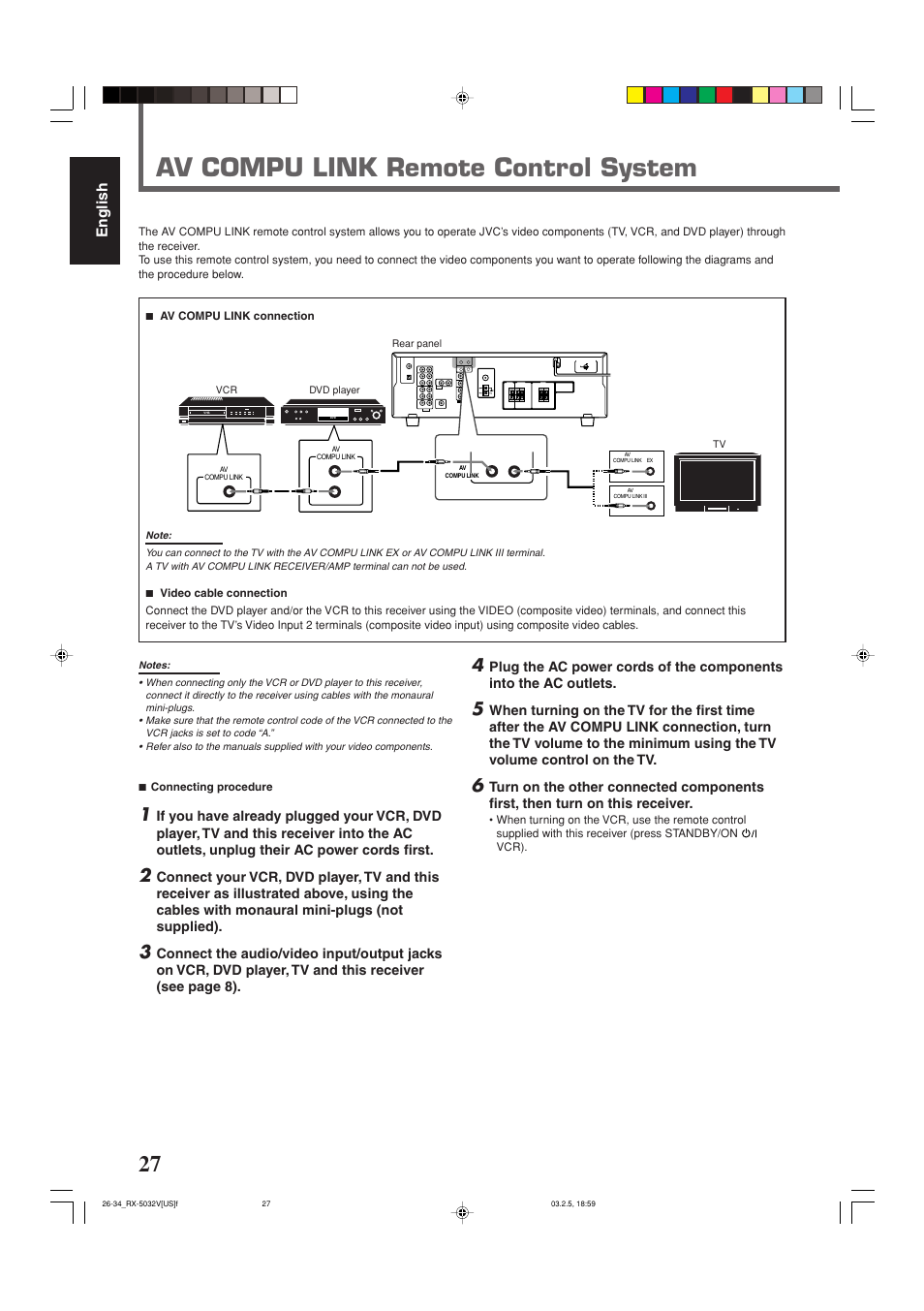 Av compu link remote control system, English | JVC RX-5032VSL User Manual | Page 30 / 38