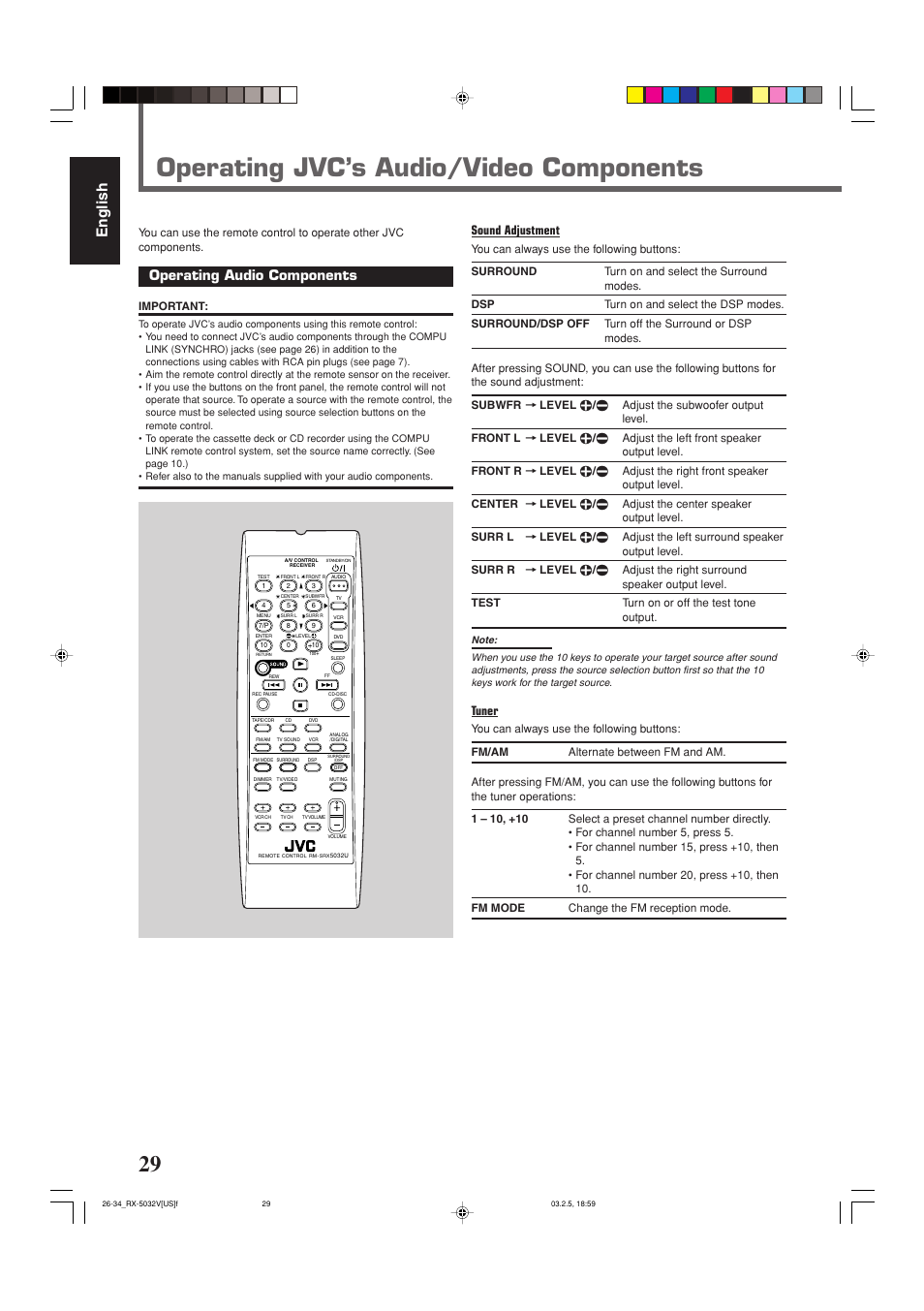 Operating jvc’s audio/video components, English, Operating audio components | Sound adjustment, Tuner | JVC RX-5032VSL User Manual | Page 32 / 38