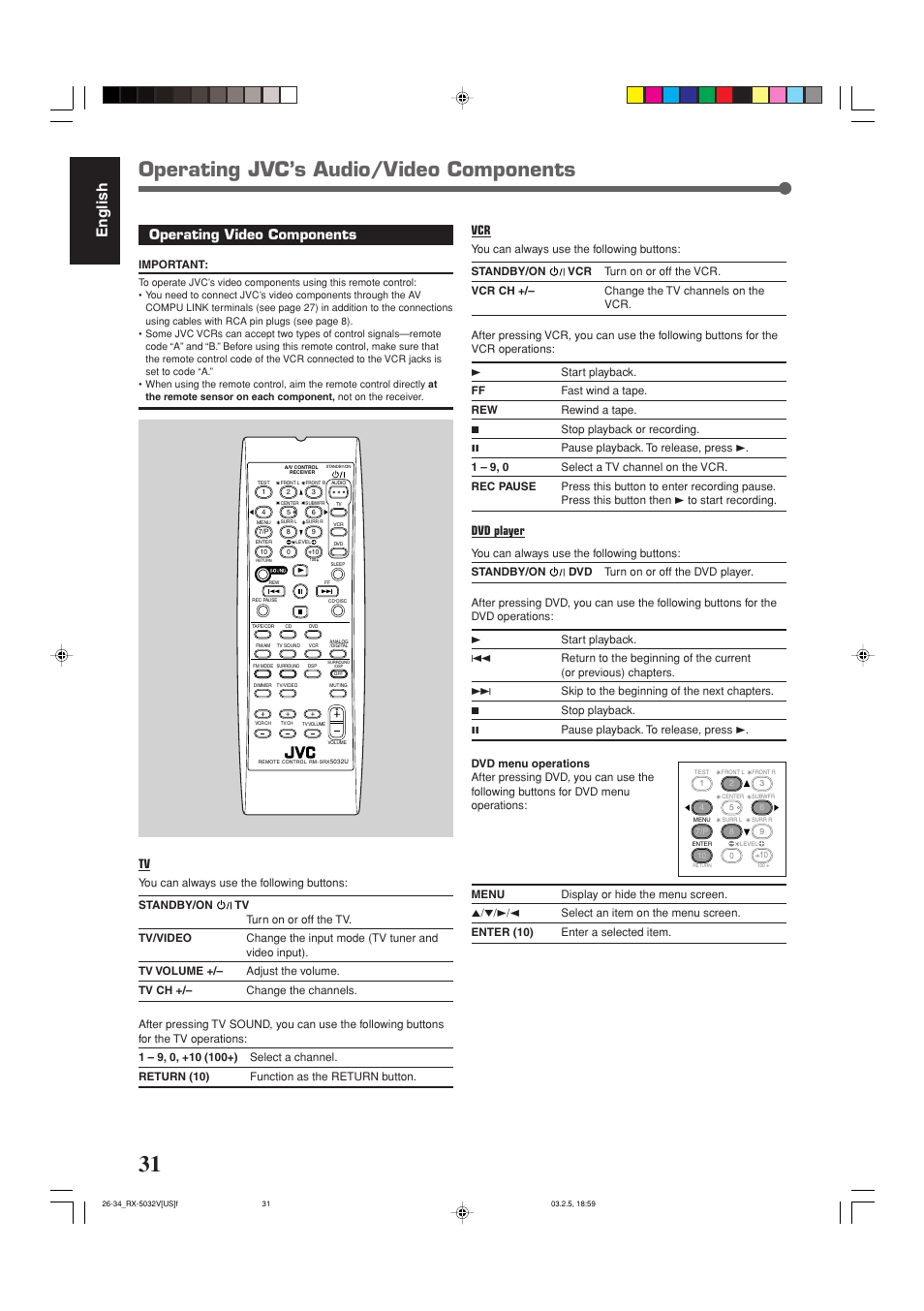 Operating jvc’s audio/video components, English, Operating video components | Dvd player | JVC RX-5032VSL User Manual | Page 34 / 38