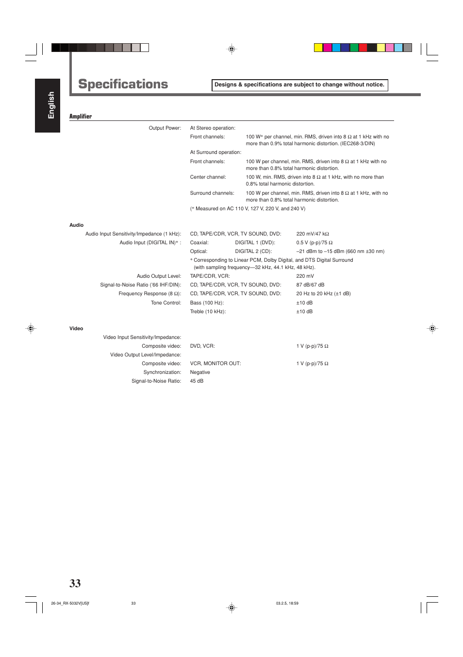 Specifications, English | JVC RX-5032VSL User Manual | Page 36 / 38