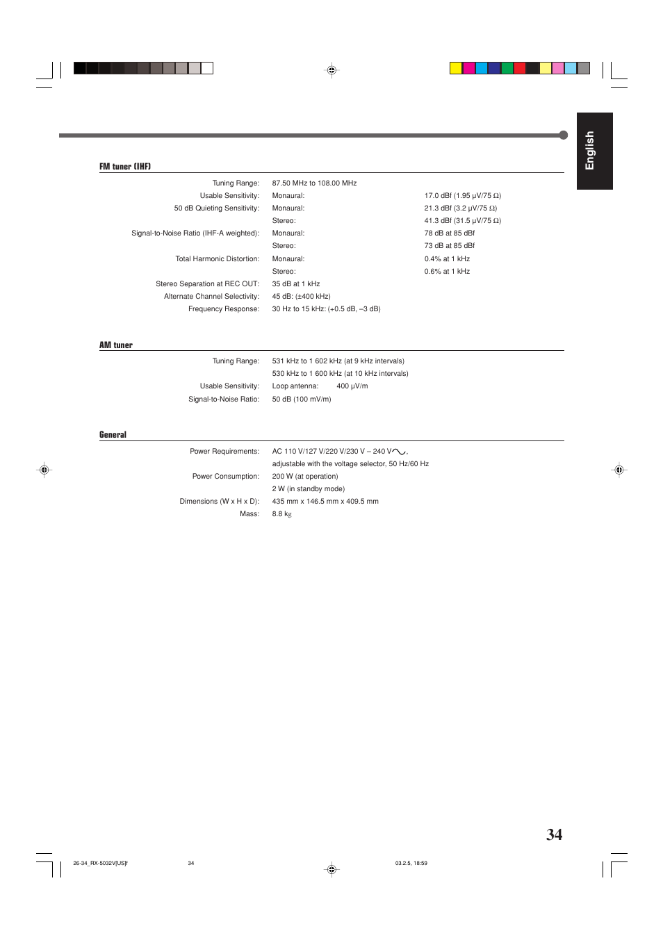 Specifications, English | JVC RX-5032VSL User Manual | Page 37 / 38
