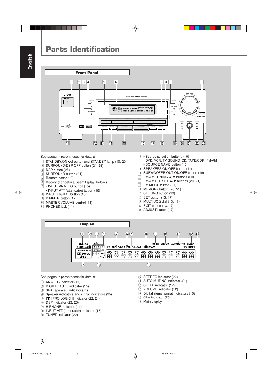 Parts identification, English, 67 8 9 p | Front panel, Display | JVC RX-5032VSL User Manual | Page 6 / 38