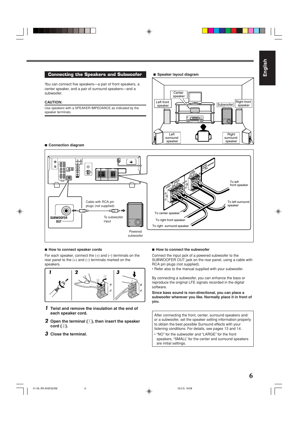 Getting started, English, Connecting the speakers and subwoofer | Close the terminal | JVC RX-5032VSL User Manual | Page 9 / 38