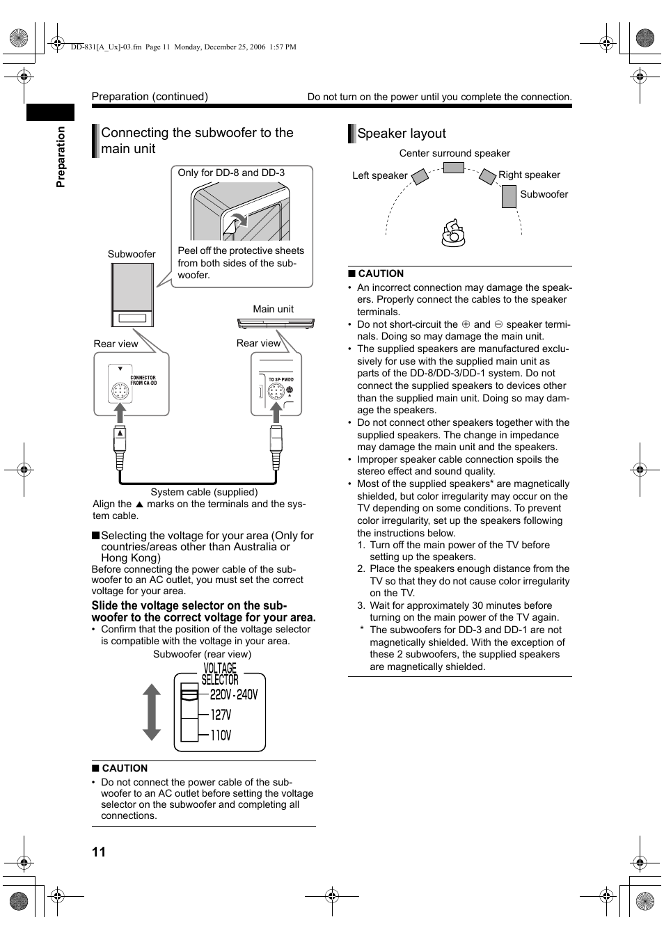 Connecting the subwoofer to the main unit, Speaker layout | JVC DD-3 User Manual | Page 100 / 168
