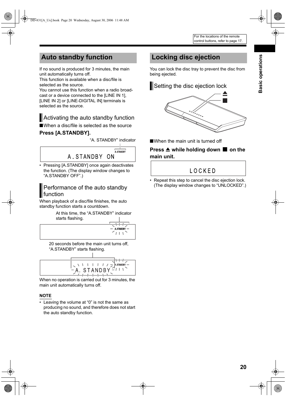 Auto standby function, Locking disc ejection, Activating the auto standby function | Performance of the auto standby function, Setting the disc ejection lock | JVC DD-3 User Manual | Page 109 / 168