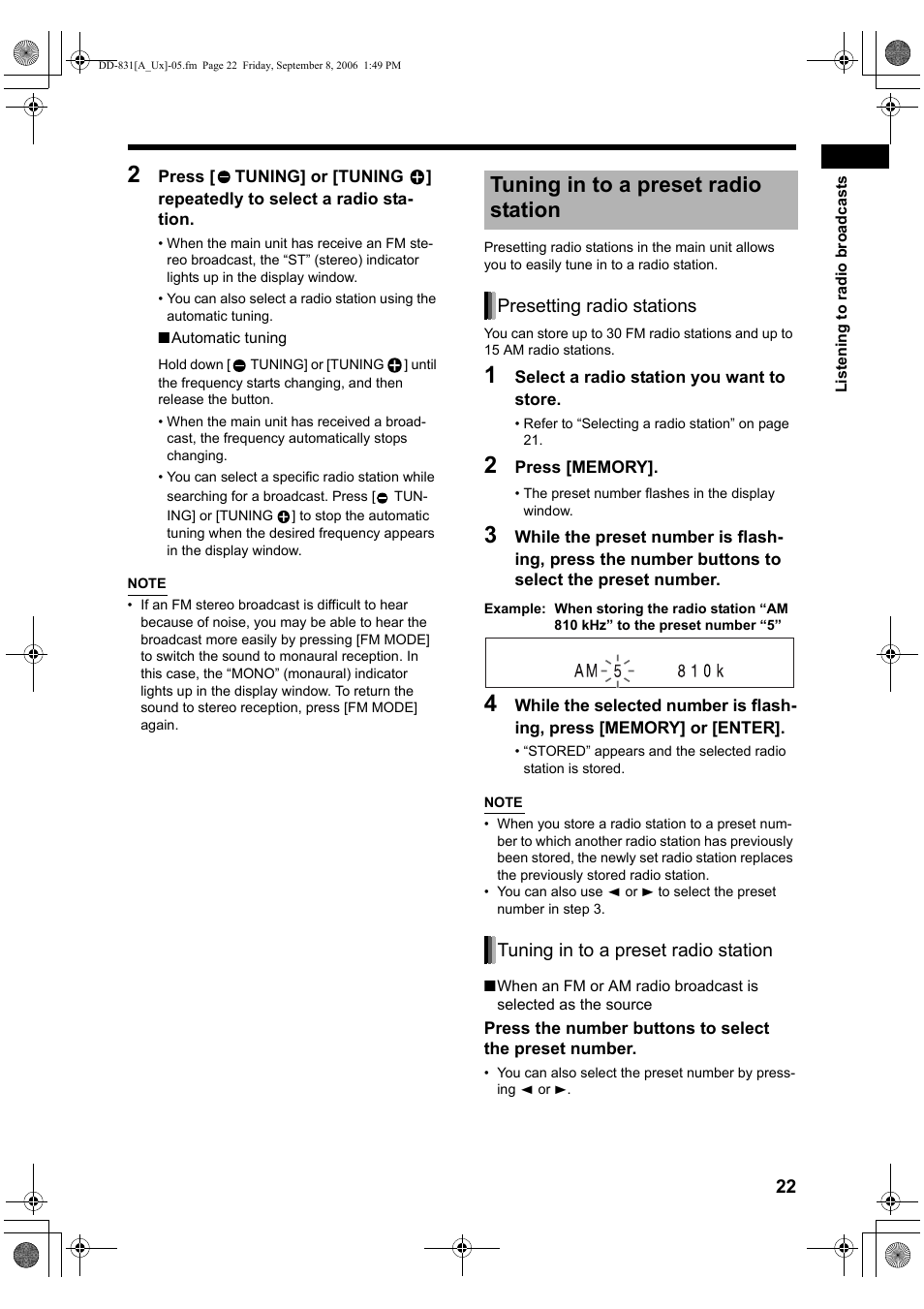 Tuning in to a preset radio station | JVC DD-3 User Manual | Page 111 / 168