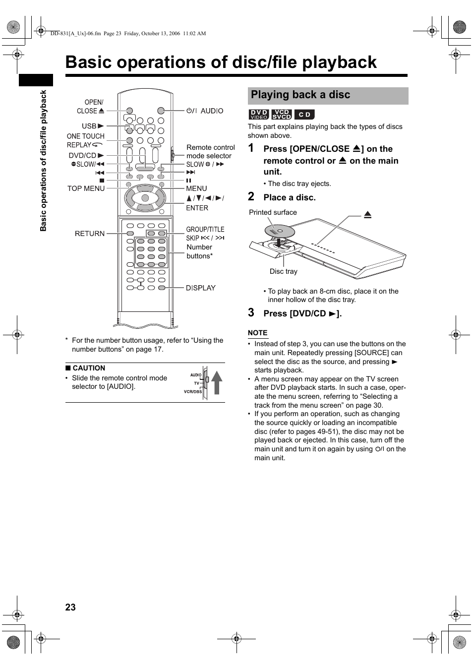 Basic operations of disc/file playback, Playing back a disc | JVC DD-3 User Manual | Page 112 / 168