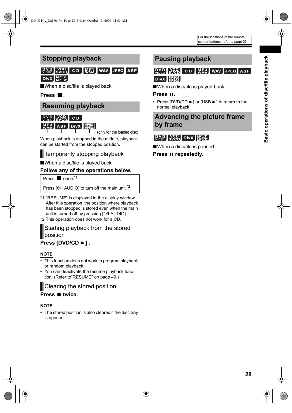 Stopping playback resuming playback | JVC DD-3 User Manual | Page 117 / 168