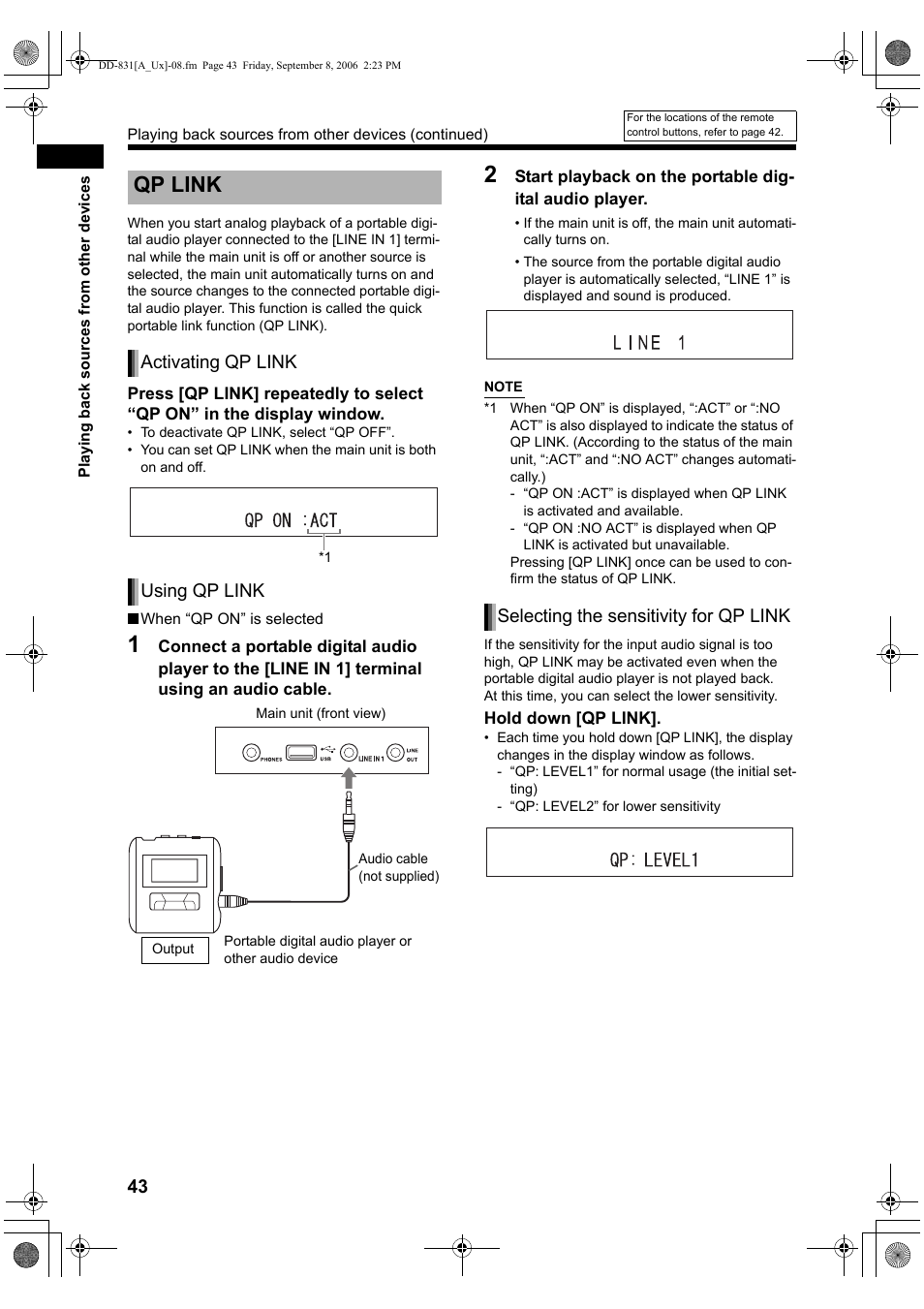 Qp link, Activating qp link, Using qp link | Selecting the sensitivity for qp link | JVC DD-3 User Manual | Page 132 / 168