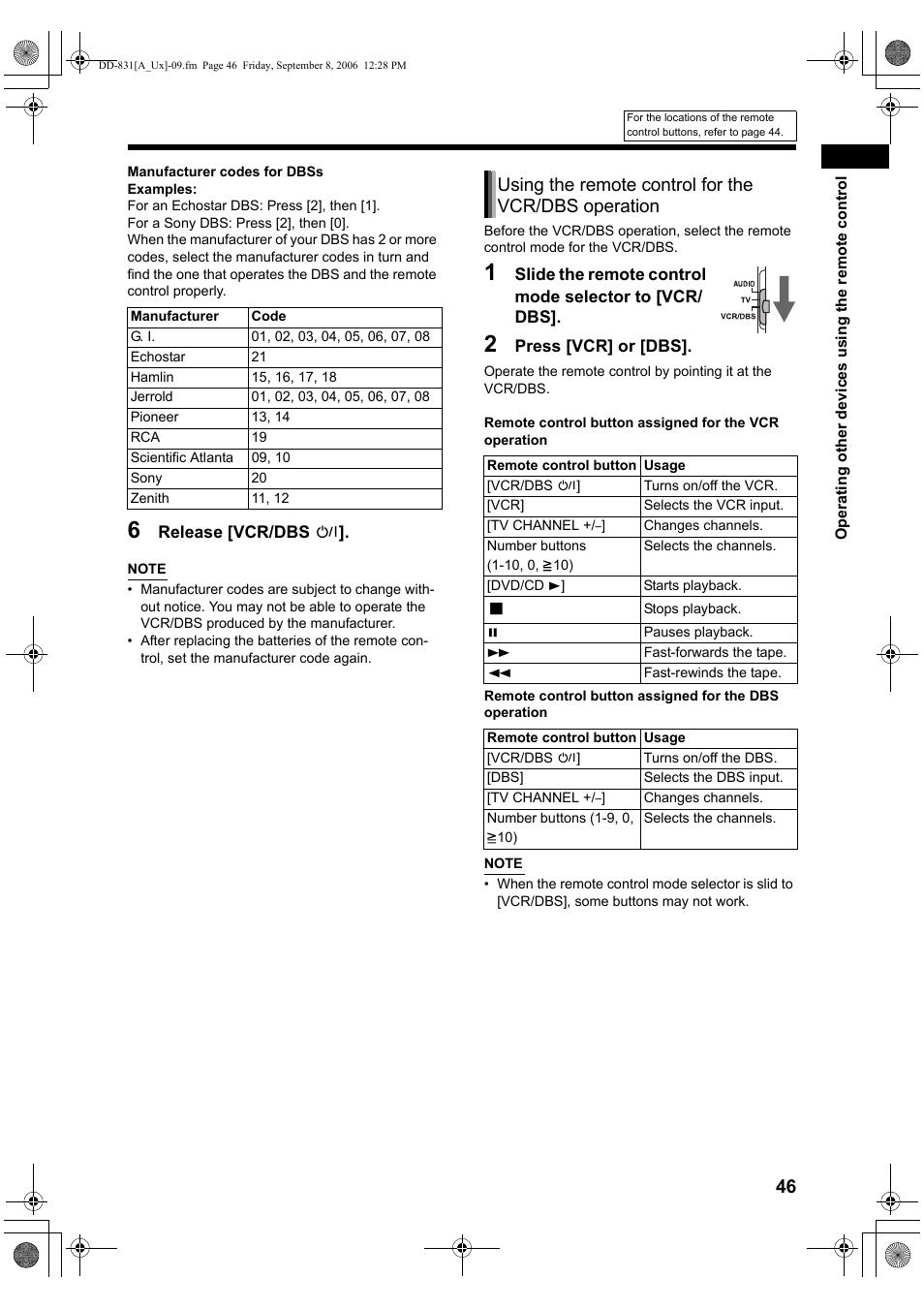 Using the remote control for the vcr/dbs operation | JVC DD-3 User Manual | Page 135 / 168