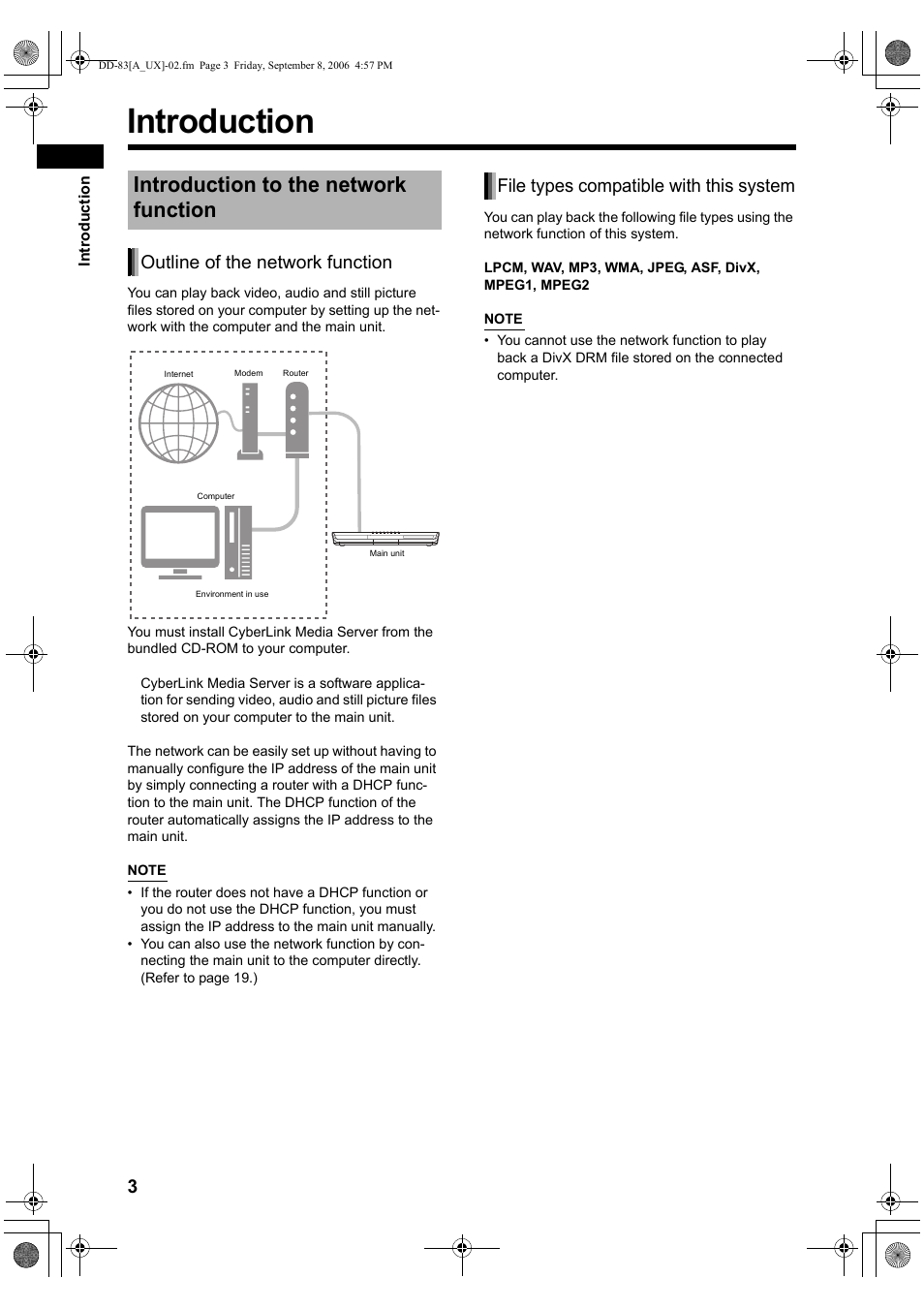 Introduction, Introduction to the network function, Outline of the network function | File types compatible with this system | JVC DD-3 User Manual | Page 150 / 168