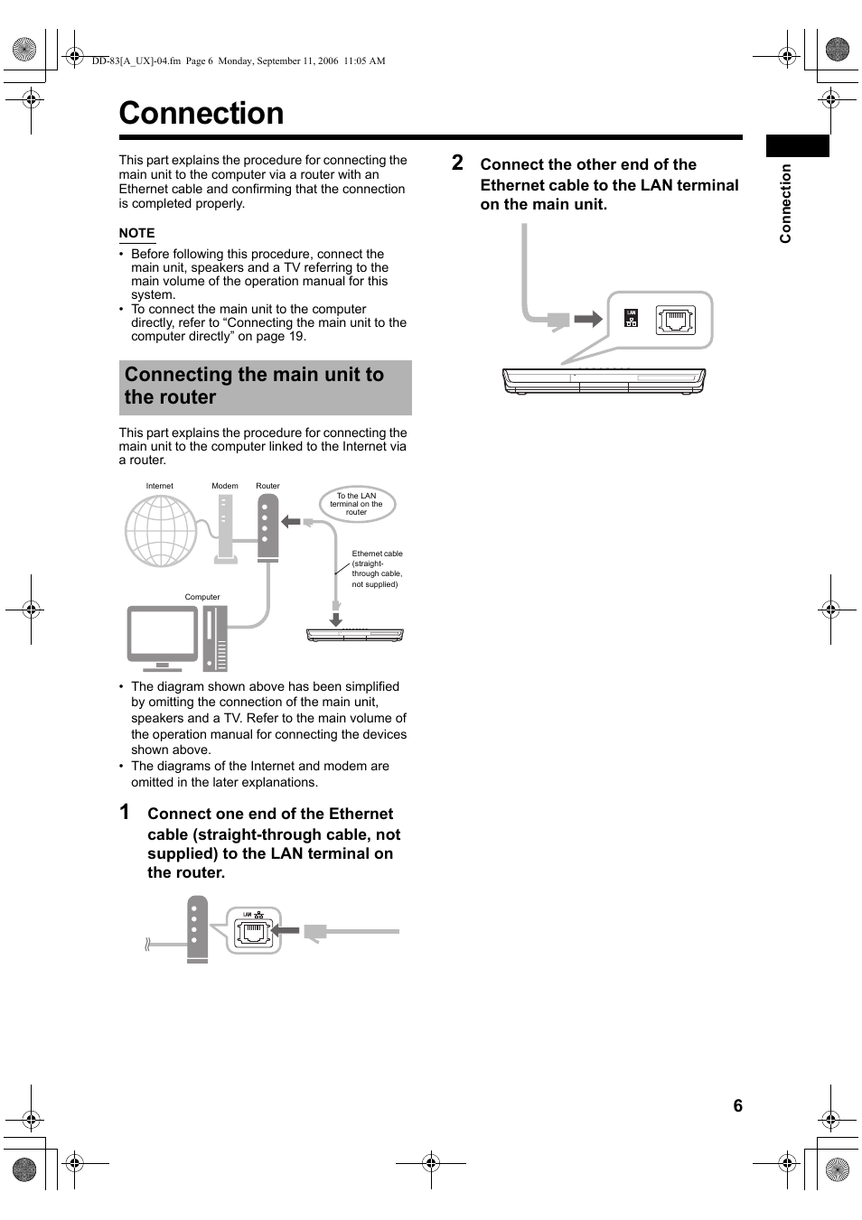 Connection, Connecting the main unit to the router | JVC DD-3 User Manual | Page 153 / 168