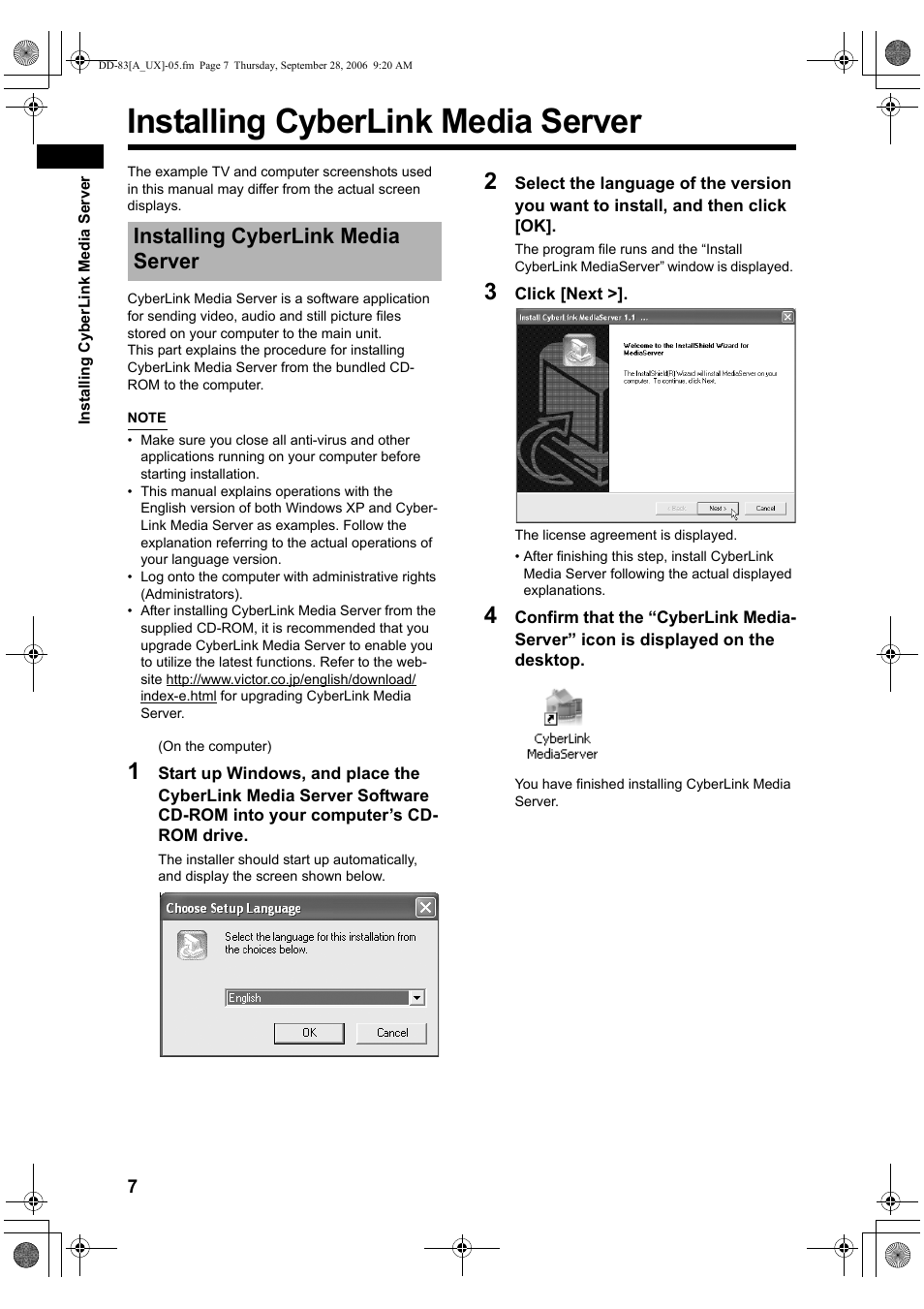 Installing cyberlink media server | JVC DD-3 User Manual | Page 154 / 168