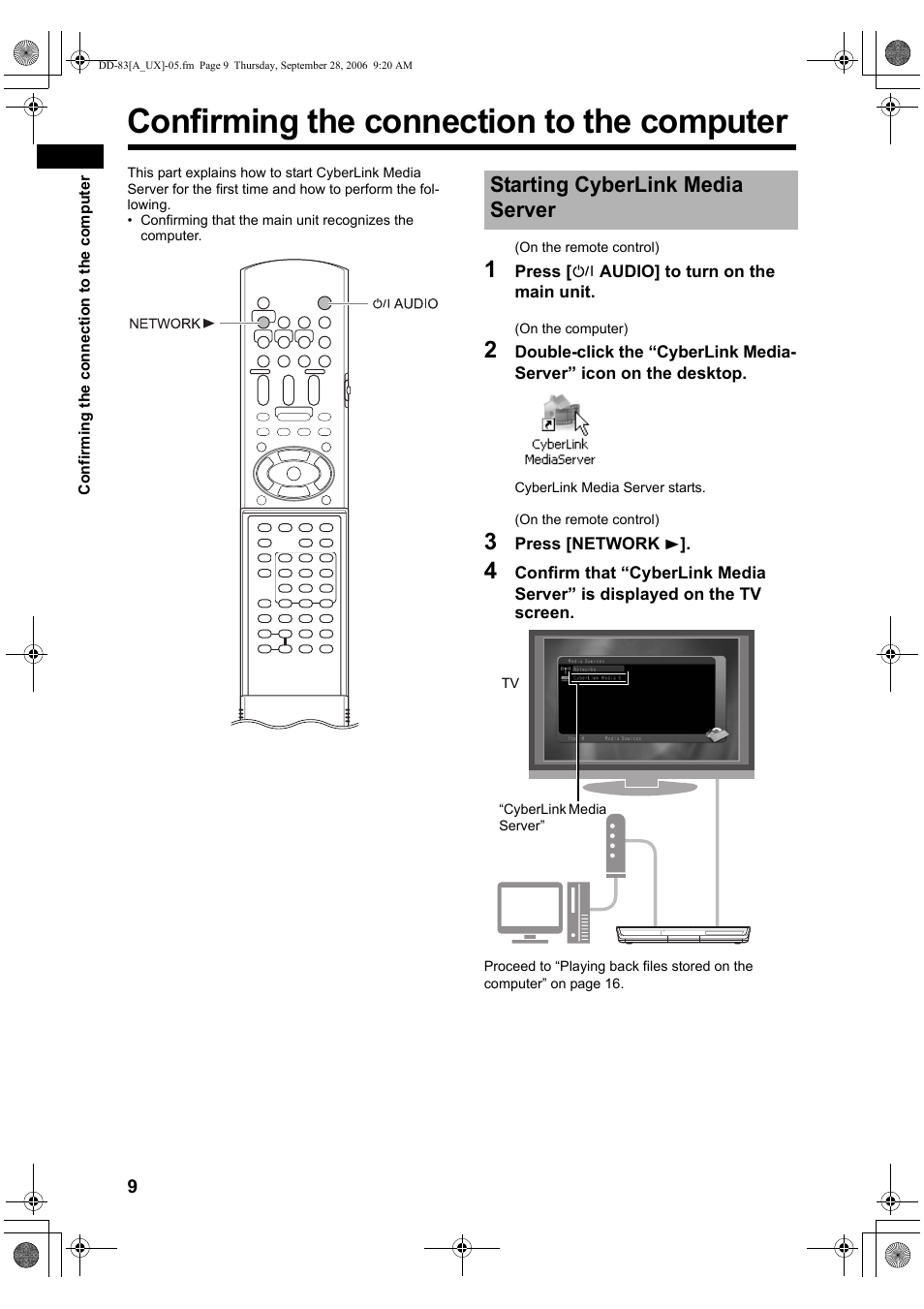 Confirming the connection to the computer, Starting cyberlink media server | JVC DD-3 User Manual | Page 156 / 168
