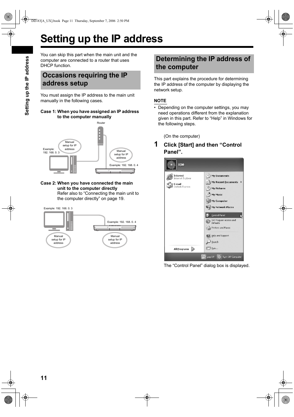 Setting up the ip address, Occasions requiring the ip address setup, Determining the ip address of the computer | Click [start] and then “control panel | JVC DD-3 User Manual | Page 158 / 168