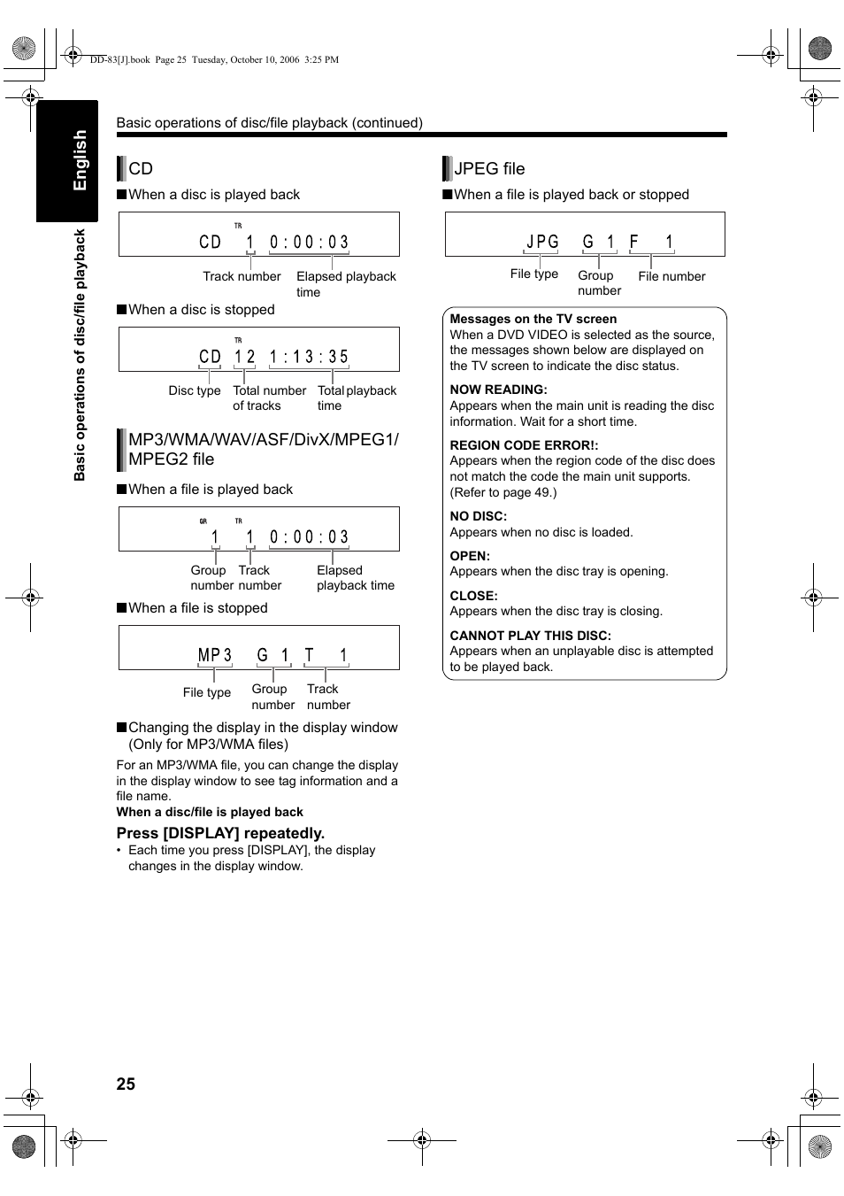 25 english, Mp3/wma/wav/asf/divx/mpeg1/ mpeg2 file, Jpeg file | JVC DD-3 User Manual | Page 30 / 168