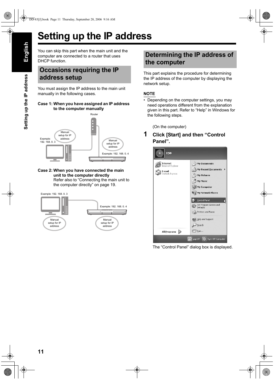 Setting up the ip address, Occasions requiring the ip address setup, Determining the ip address of the computer | 11 english, Click [start] and then “control panel | JVC DD-3 User Manual | Page 76 / 168