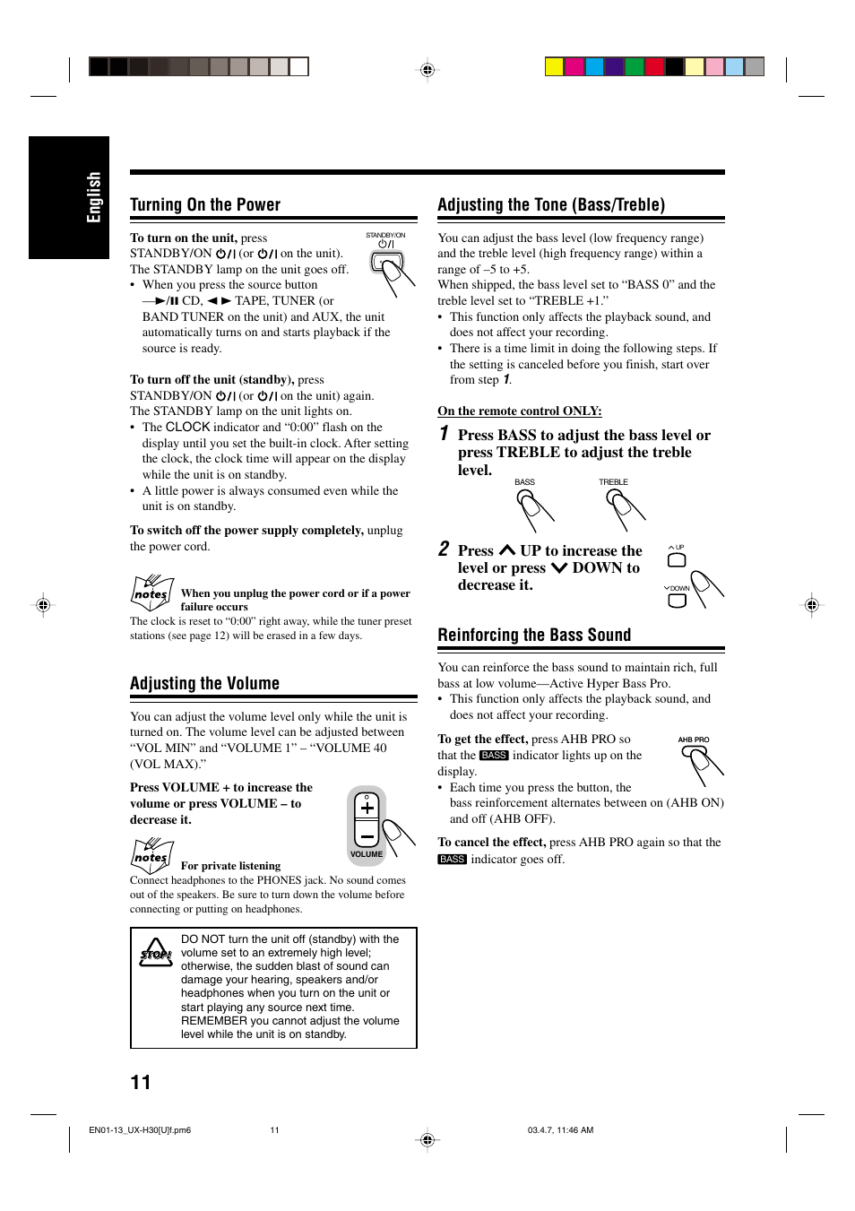 English adjusting the tone (bass/treble), Reinforcing the bass sound, Turning on the power | Adjusting the volume | JVC UX-H35 EN User Manual | Page 14 / 28