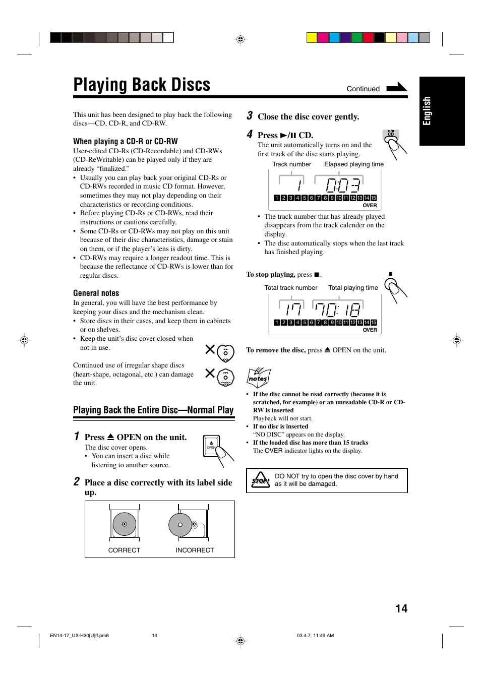 Playing back discs, English, Playing back the entire disc—normal play | JVC UX-H35 EN User Manual | Page 17 / 28