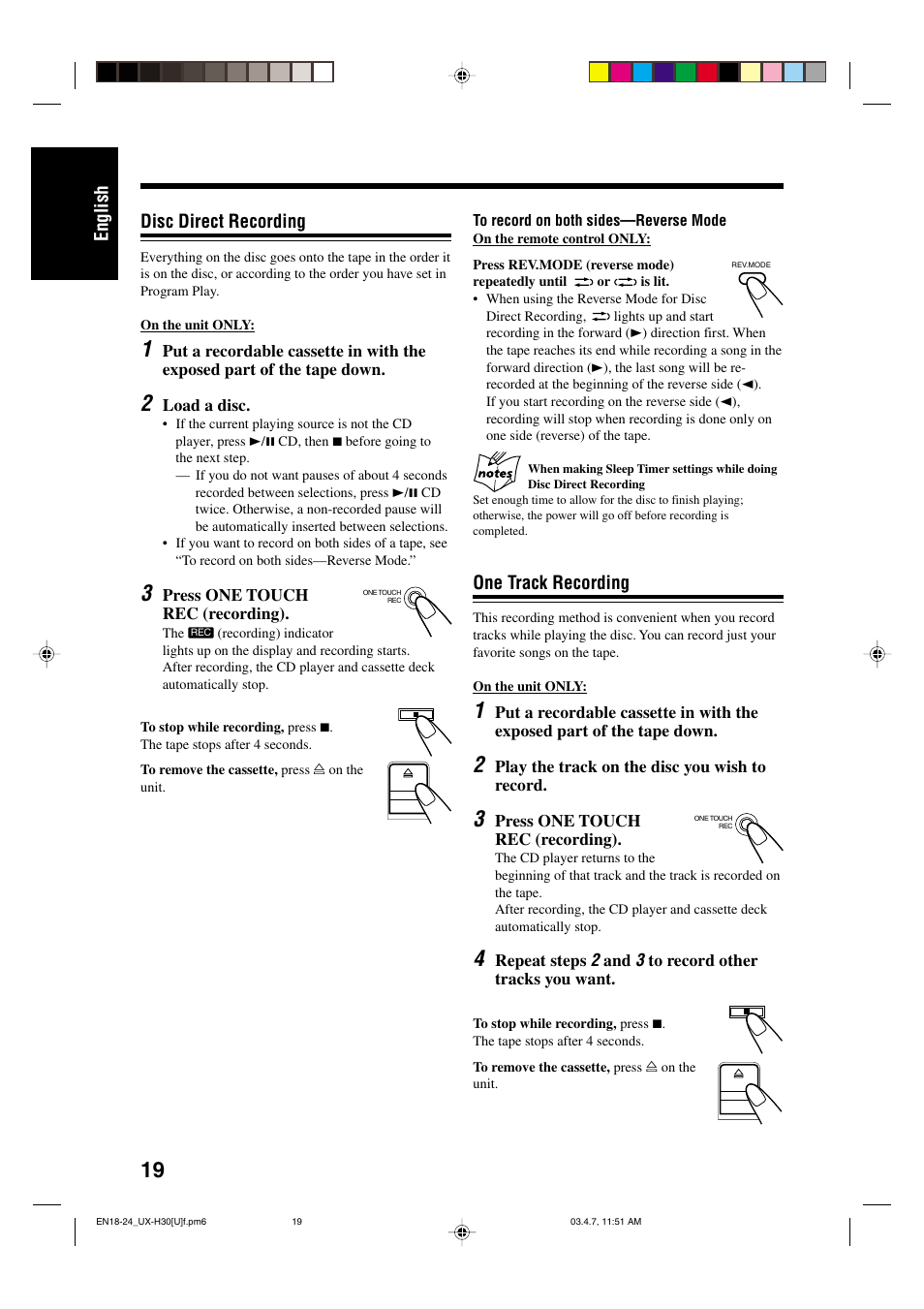 English disc direct recording, One track recording | JVC UX-H35 EN User Manual | Page 22 / 28