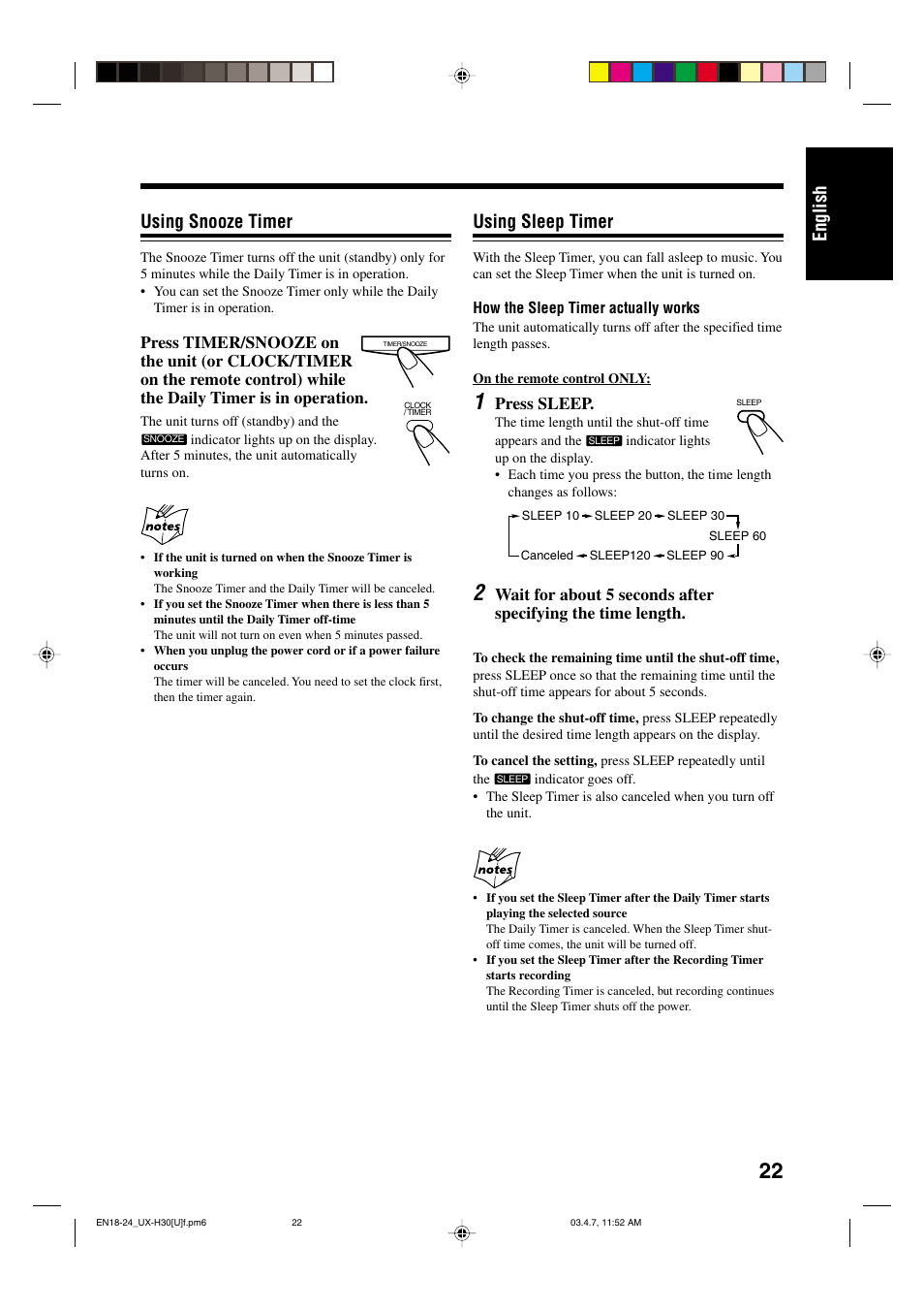 English using sleep timer, Using snooze timer, Press sleep | JVC UX-H35 EN User Manual | Page 25 / 28